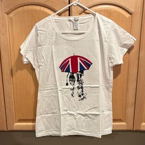 White T-Shirt with Union Jack Umbrella Print. NWOT